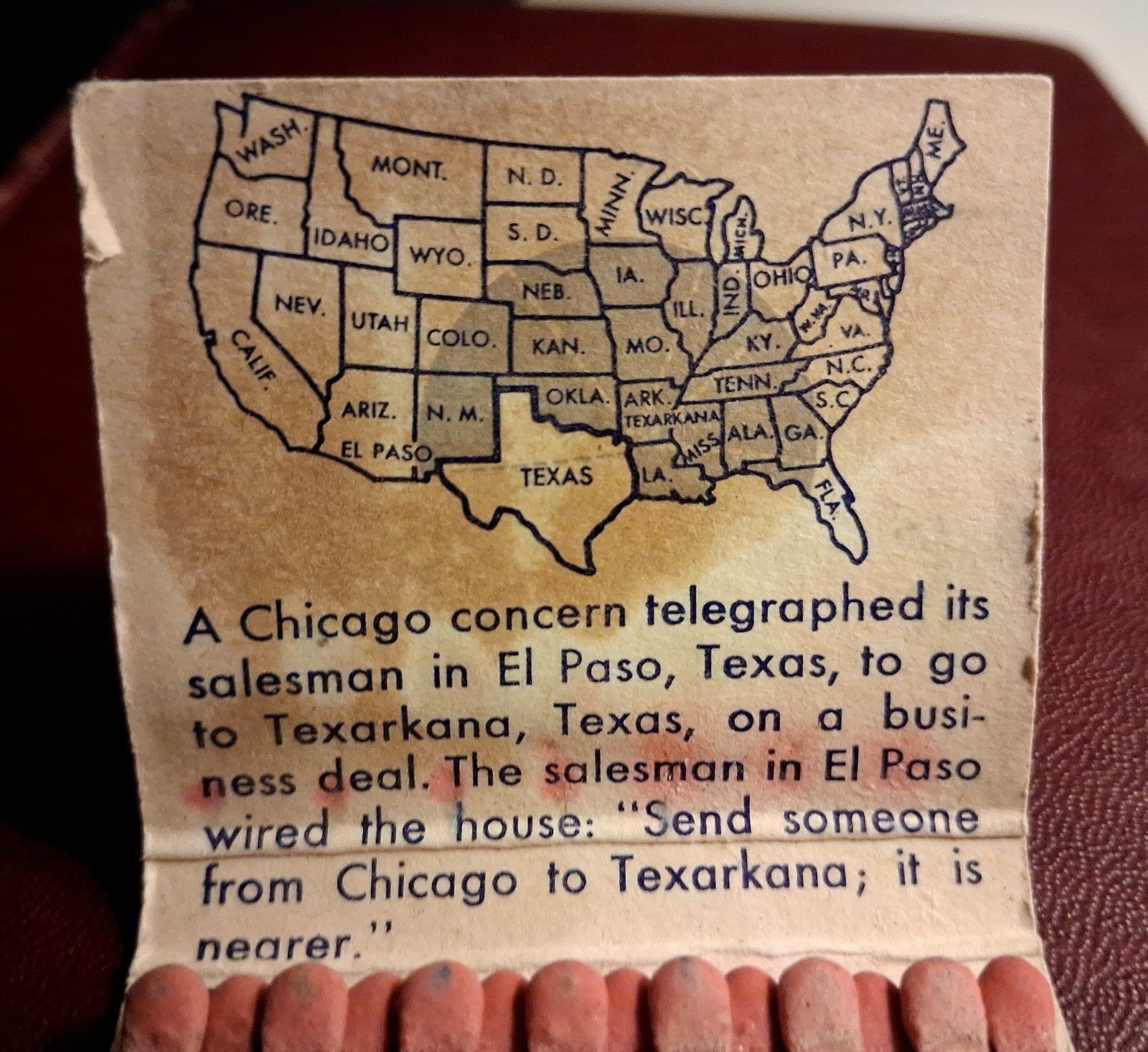 United States Congress ~ Texarkana Texas ~ Salvaged Historic Matchbook.
