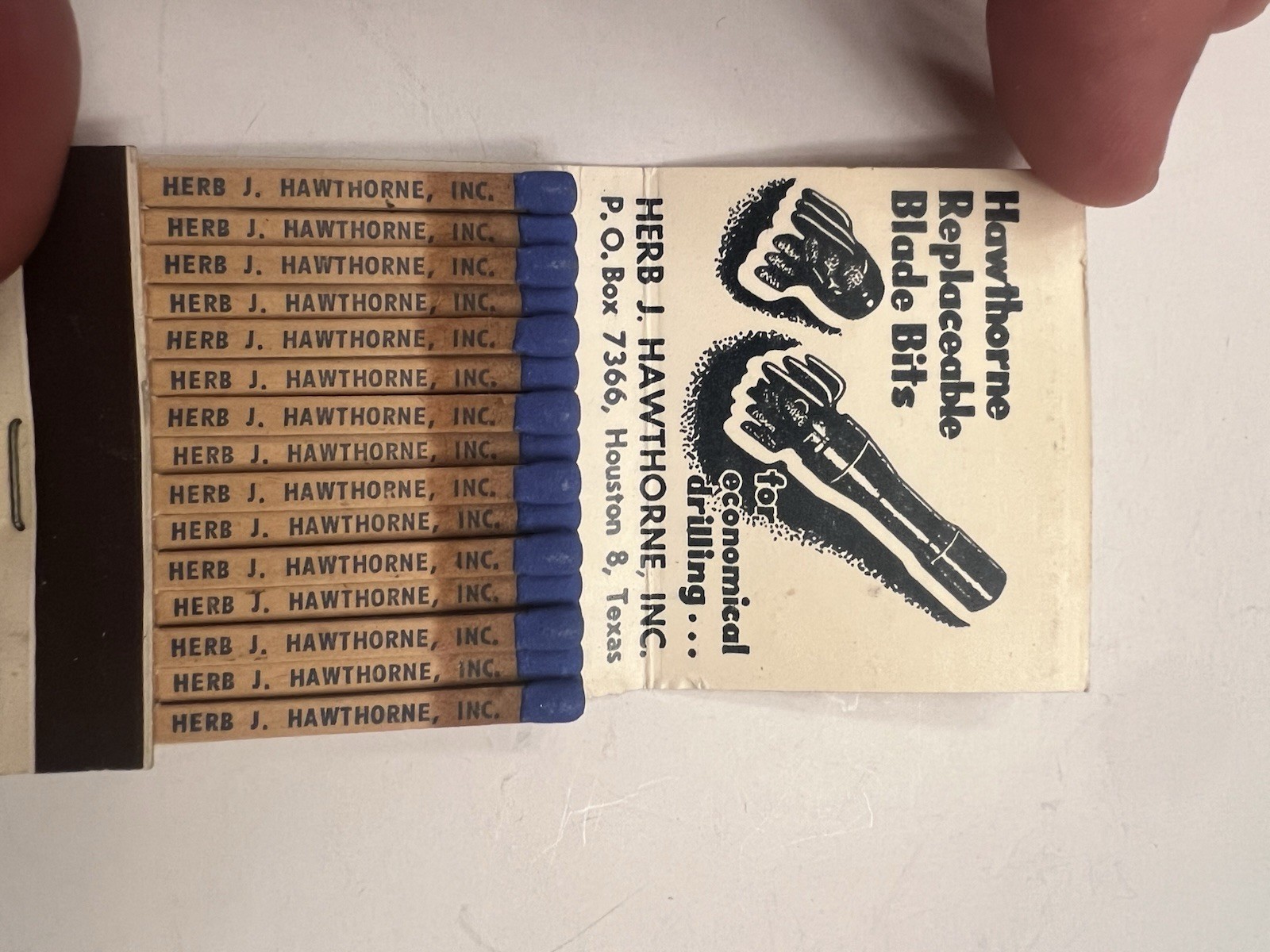 Vintage 1951 Hawthorne Blue Demon Drill Bits Matchbook Oilfield Houston TX Full