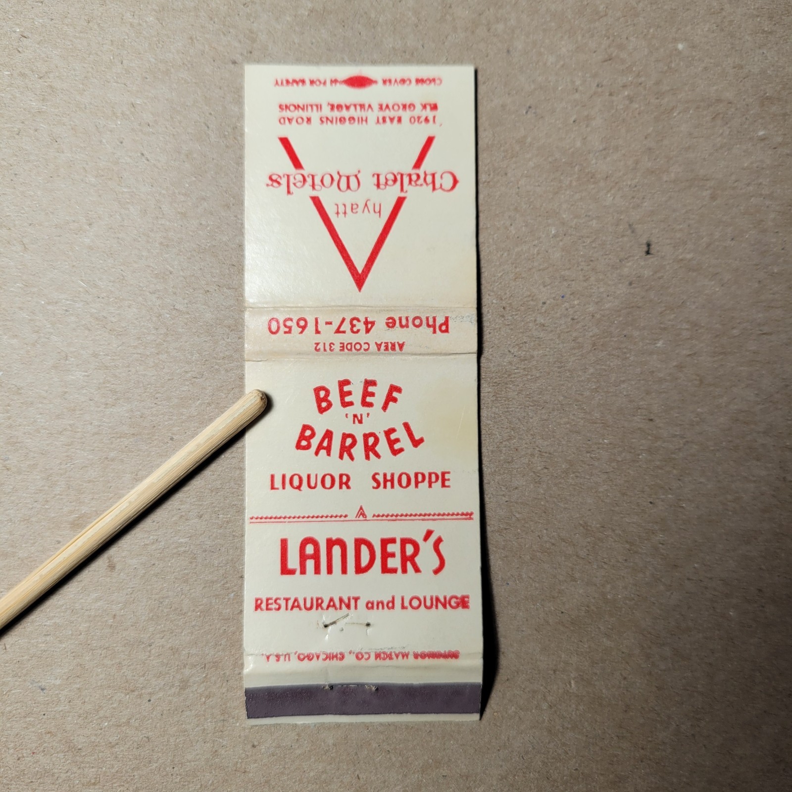Matchbook Cover Chalet Motels Lander’s Elk Grove Village IL Illinois