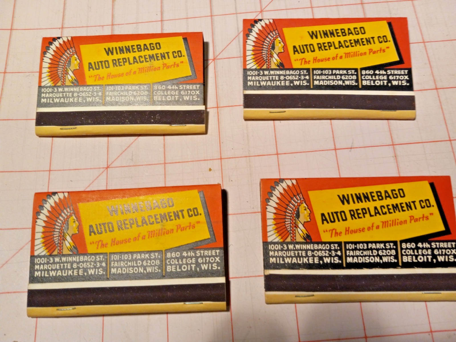 WB442 Matchbook Cover Wide Winnebago Auto Replacement Co Milwaukee Madison WI