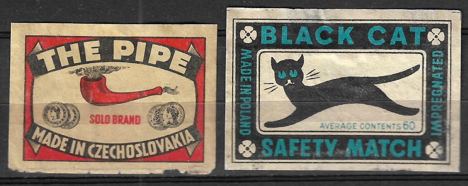 Black Cat & The Pipe Matches Matchbox Labels from Poland & Czechoslovakia