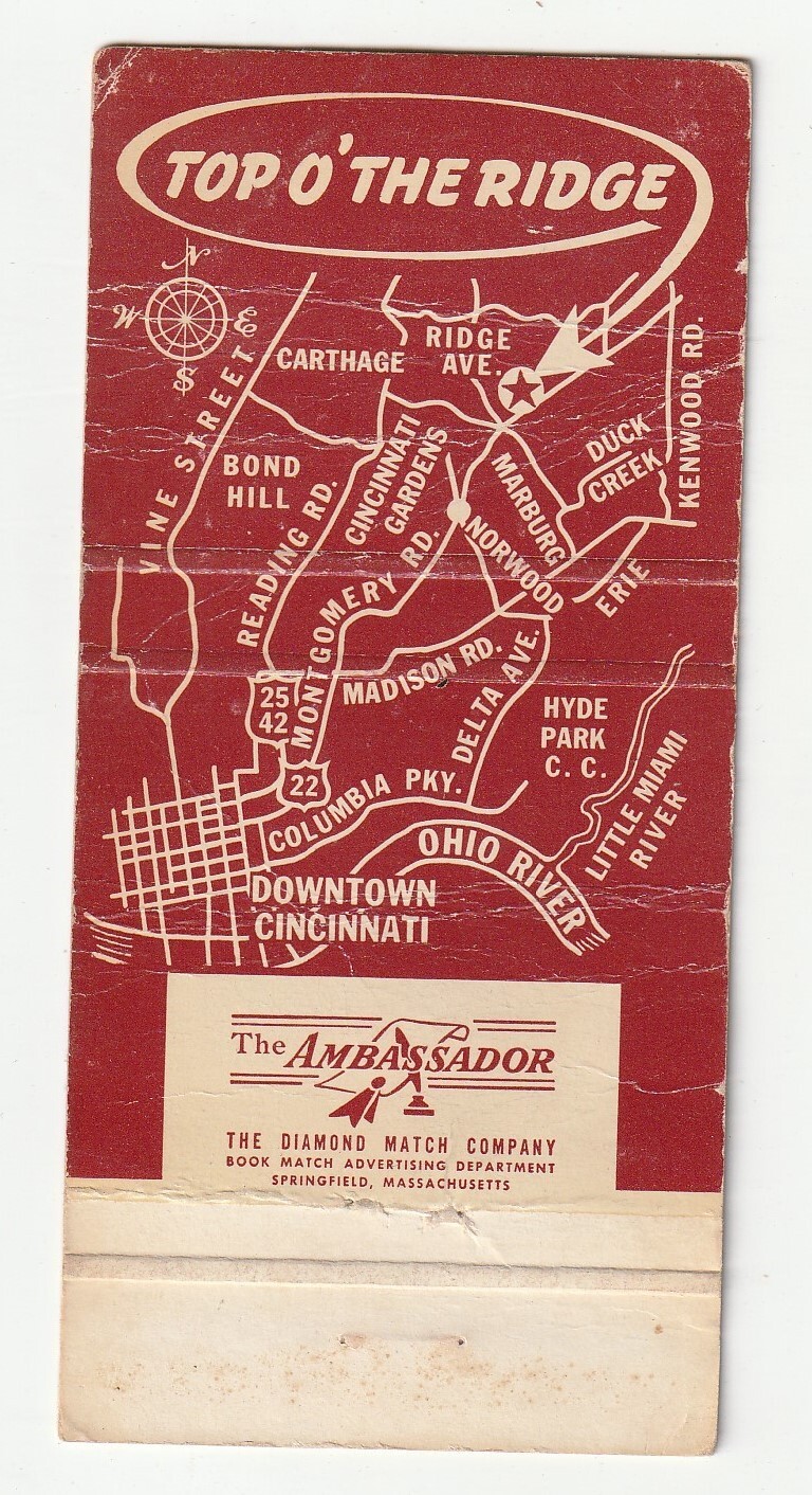 MATCHBOOK COVER TOP O’ THE RIDGE RESTAURANT CINCINNATTI OHIO – MULBERRY BUSH BAR