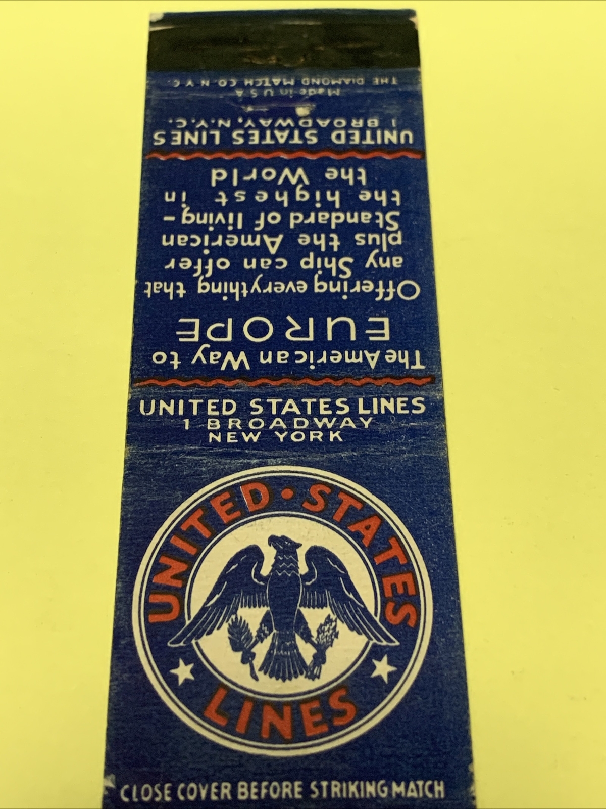 Front Strike Matchbook Cover United States Lines The American Way To Europe gmg