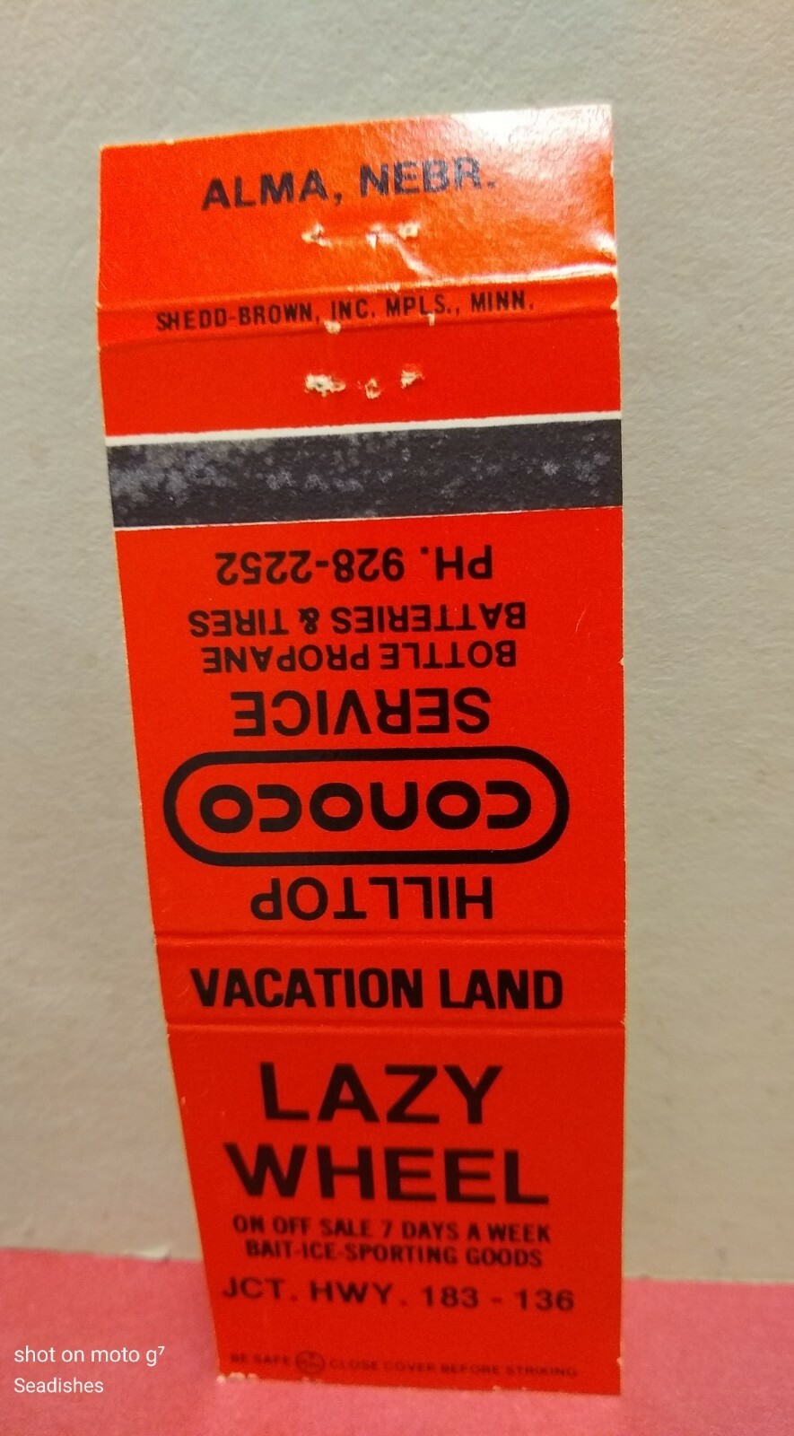 Vintage Lazy Wheel Bait Ice/Vacation Land/Hilltop Conoco Alma NE Matchbook Cover