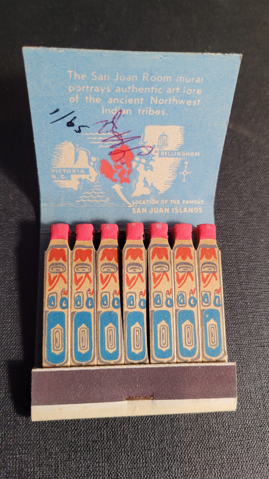 1940s San Juan Room Bellingham, Wa Unstruck Lion Feature Matchbook Match Cover