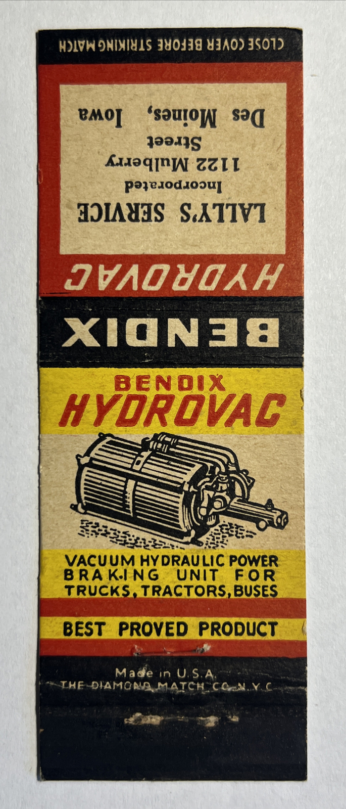 Vintage Matchbook Cover Bendix Hydrovac Lally’s Service – Des Monies, Iowa