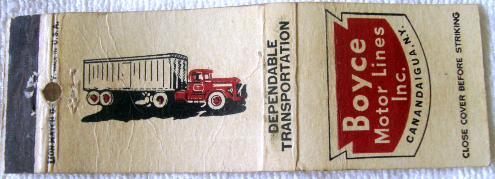 BOYCE TRUCKING MOTOR LINES CANANDAIGUA NY VINTAGE MATCHBOOK COVER