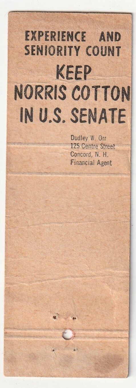 MATCHBOOK COVER VOTE NORRIS COTTON UNITED STATES SENATE NEW HAMPSHIRE SENATOR