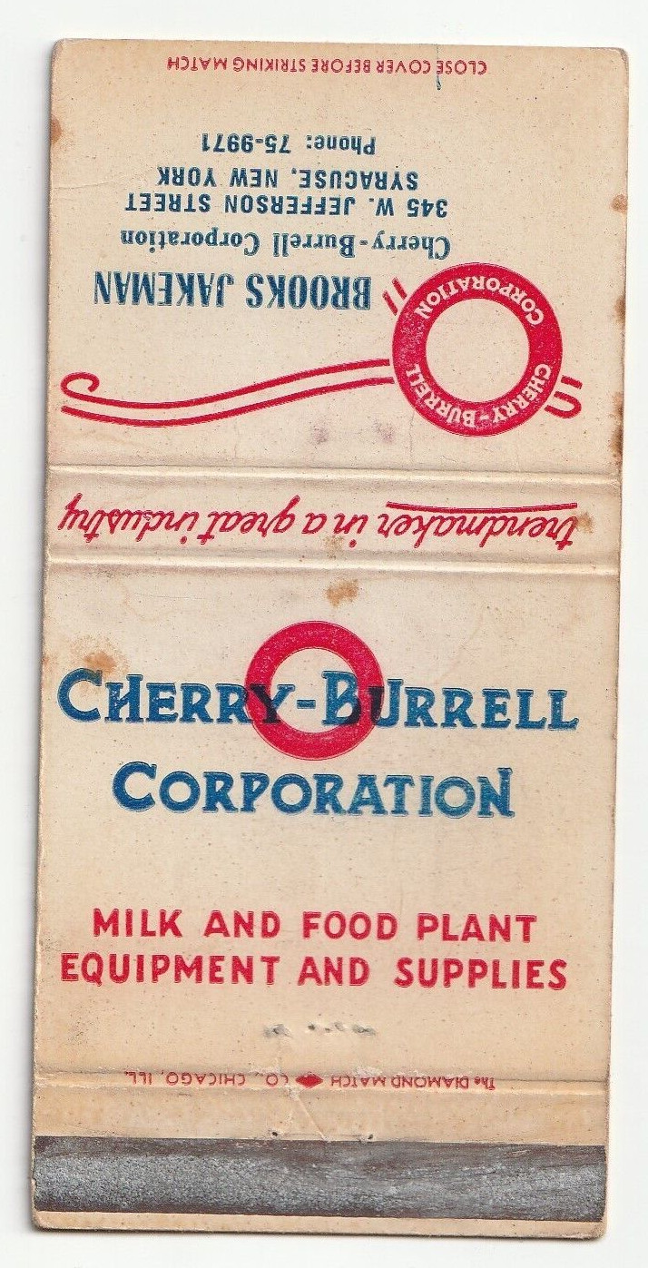 MATCHBOOK COVER – CHERRY BURRELL MILKING SUPPLIES – JAKEMAN – SYRACUSE NEW YORK