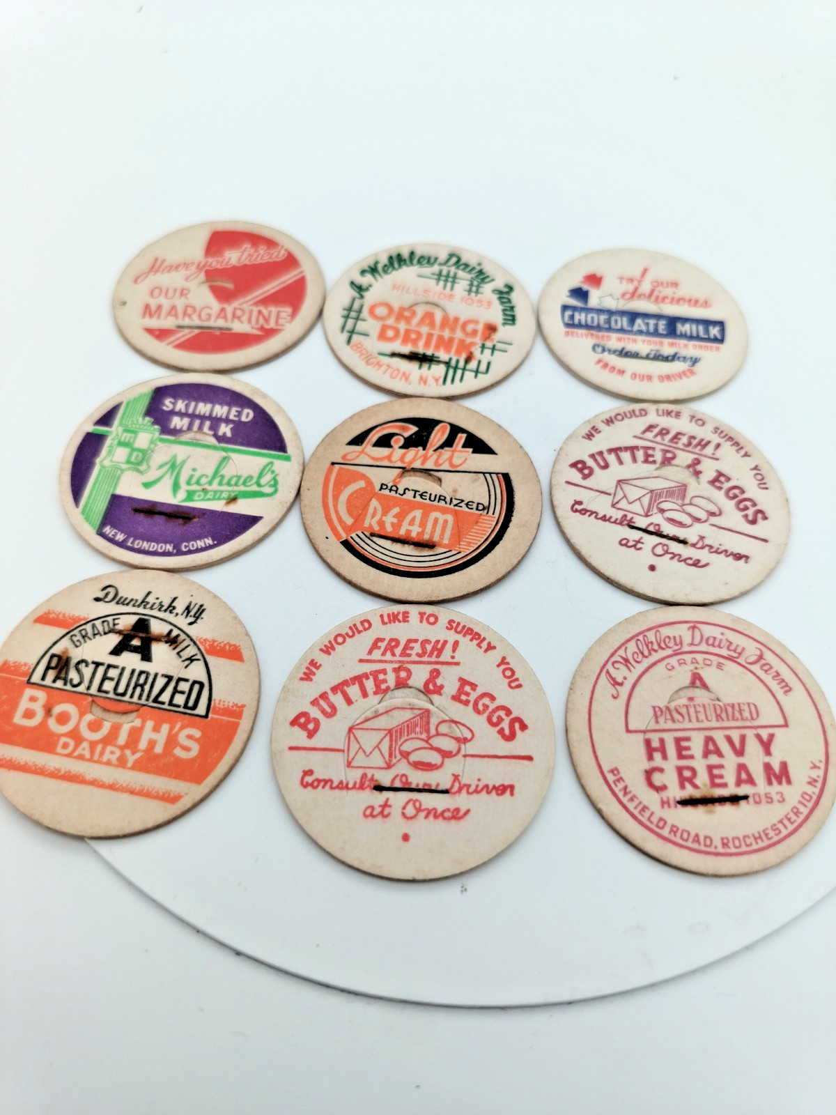 9 VINTAGE CARDBOARD MILK TOPS **VERY GOOD CONDITION**