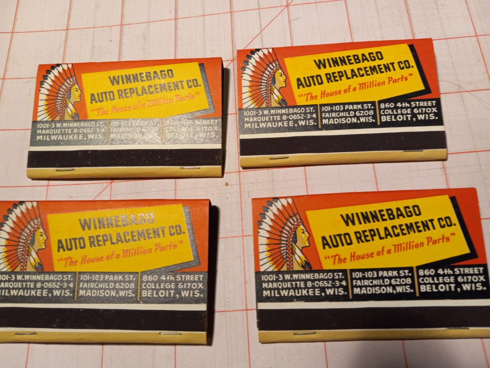 WB442 Matchbook Cover Wide Winnebago Auto Replacement Co Milwaukee Madison WI