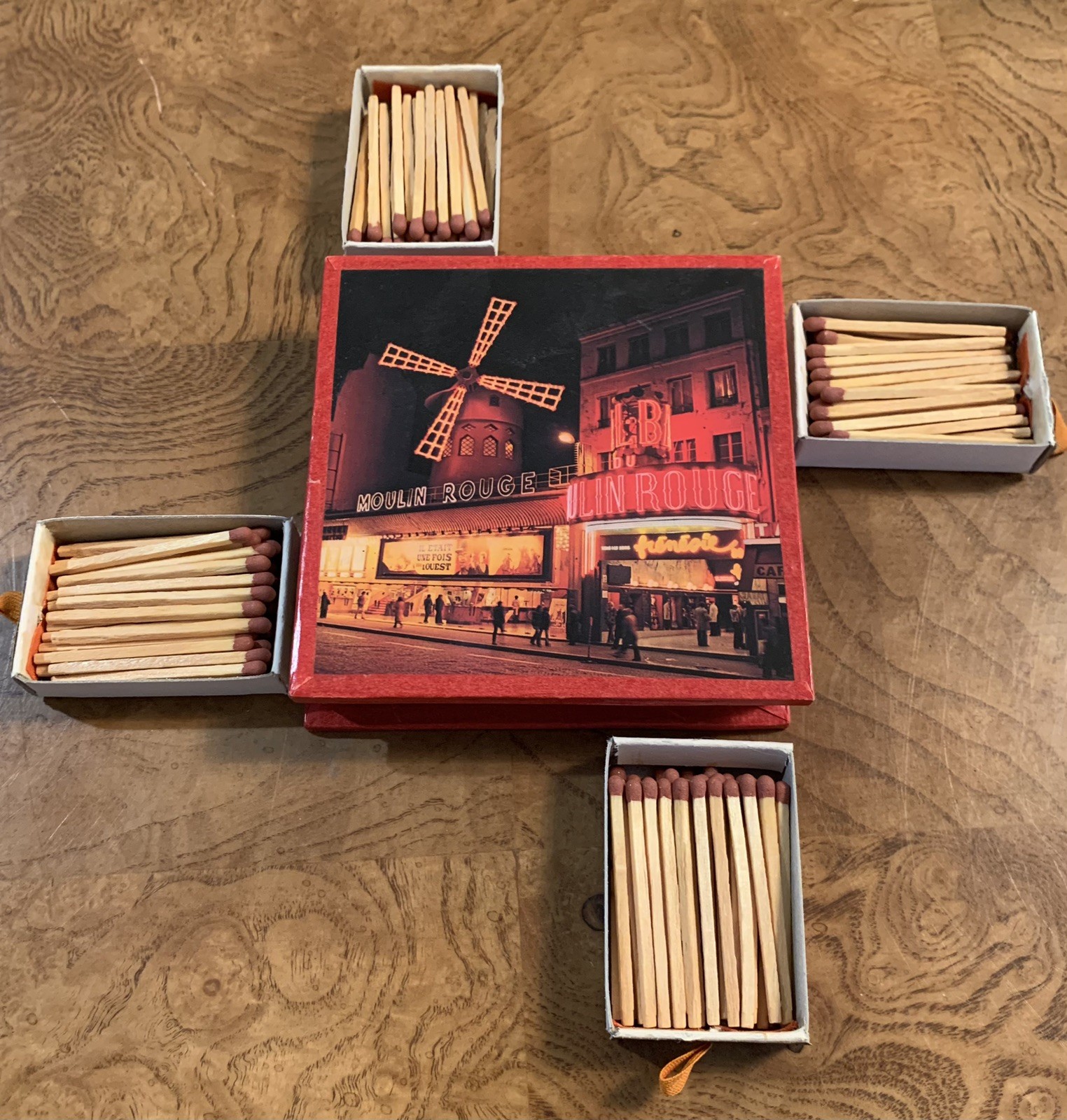 Vintage Moulin Rouge Matches Match Box of 4 Barely Used Red Black Windmill