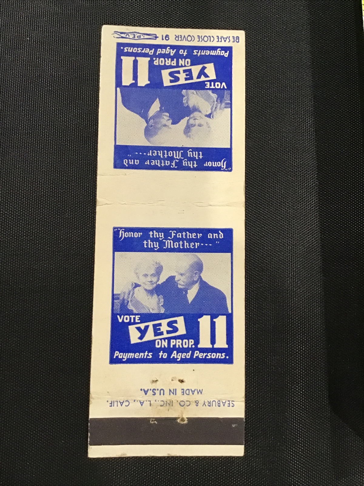 Vote Yes on Prop 11 Payments Aged Persons Matchbook Cover