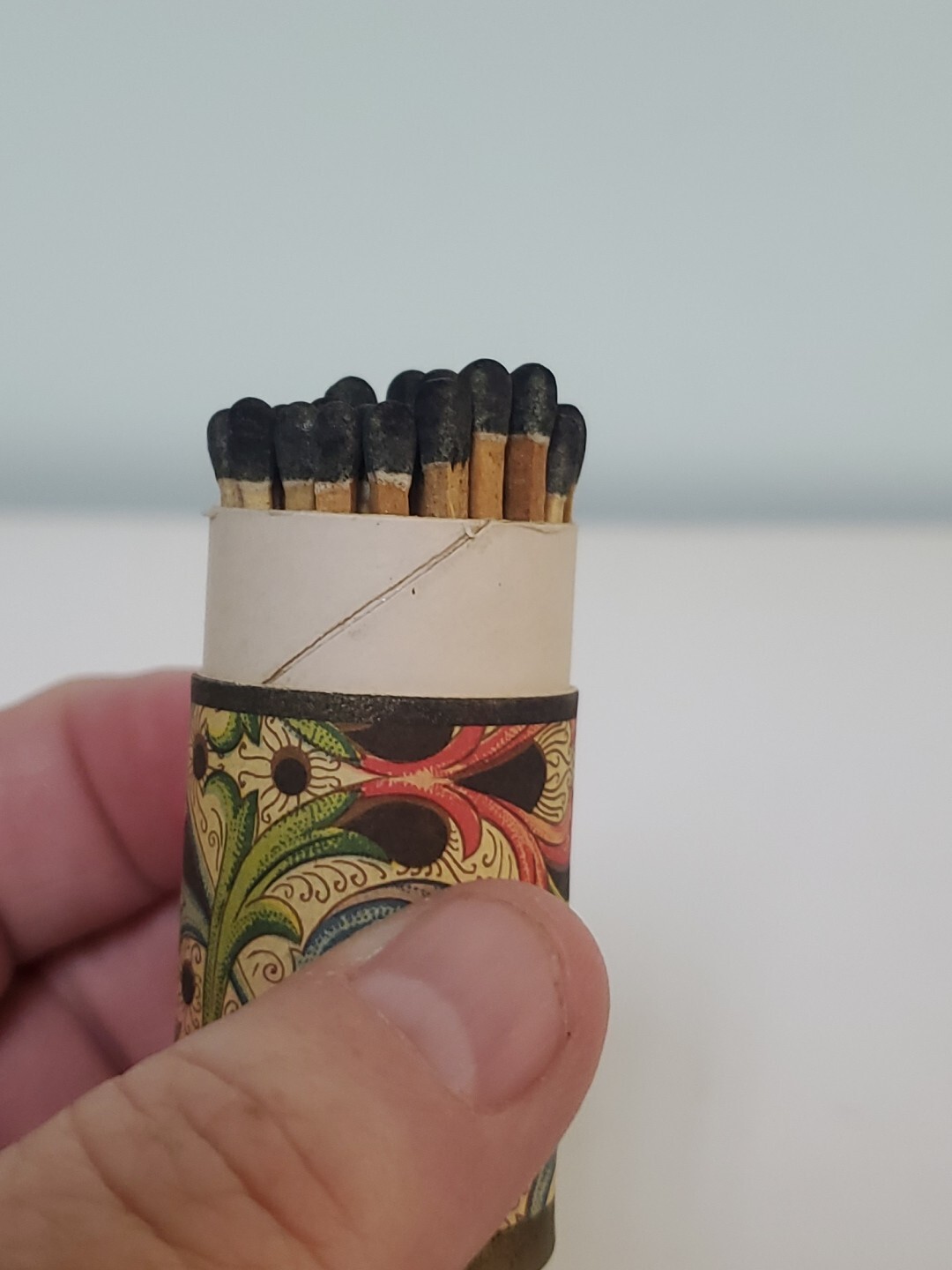 Decorative Paisley Cardboard Tube Cylinder Match Holder Black Tip Matches