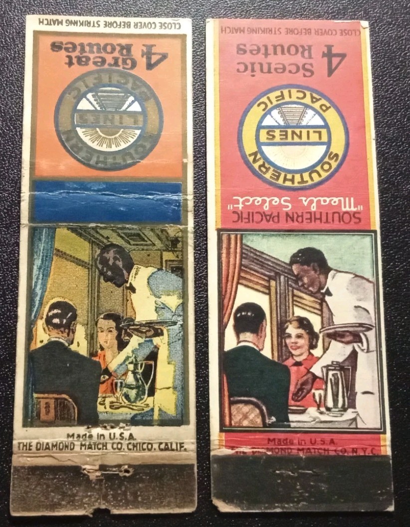 Southern Pacific Lines Black Dining Railroad Car Waiter Matchcovers (2) 1940s