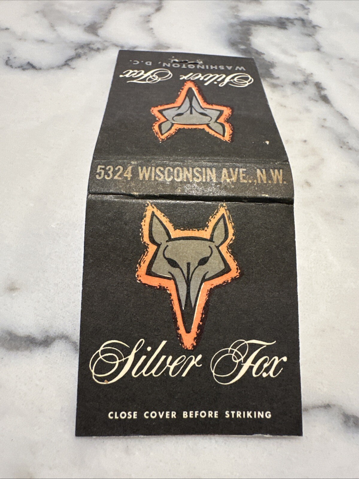 Vintage Matchbook Washington DC Silver Fox Restaurant Black Orange UNSTRUCK