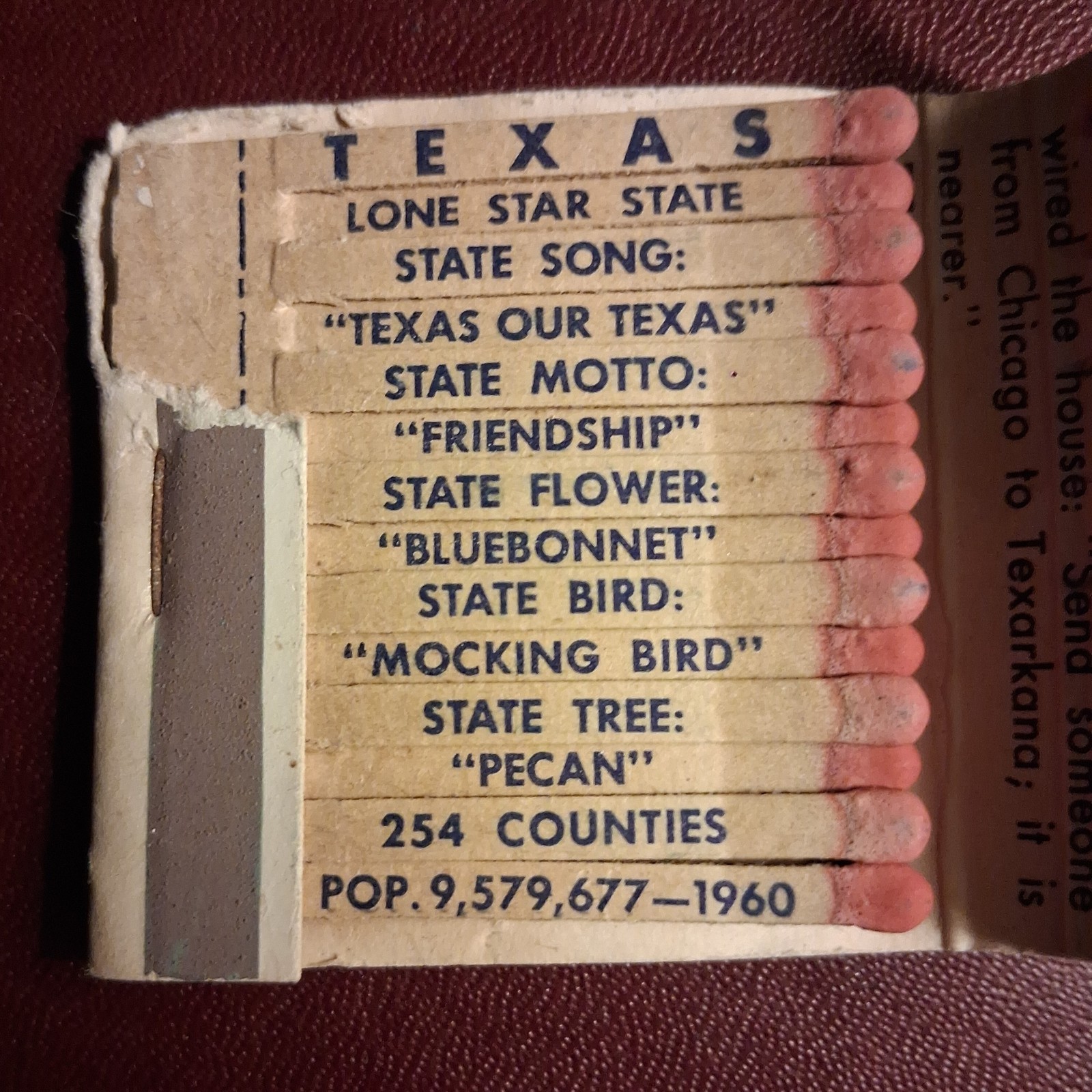 United States Congress ~ Texarkana Texas ~ Salvaged Historic Matchbook.