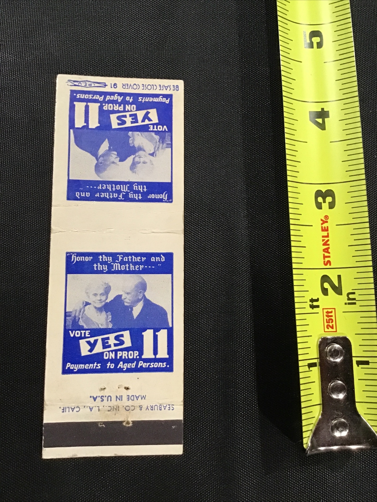 Vote Yes on Prop 11 Payments Aged Persons Matchbook Cover