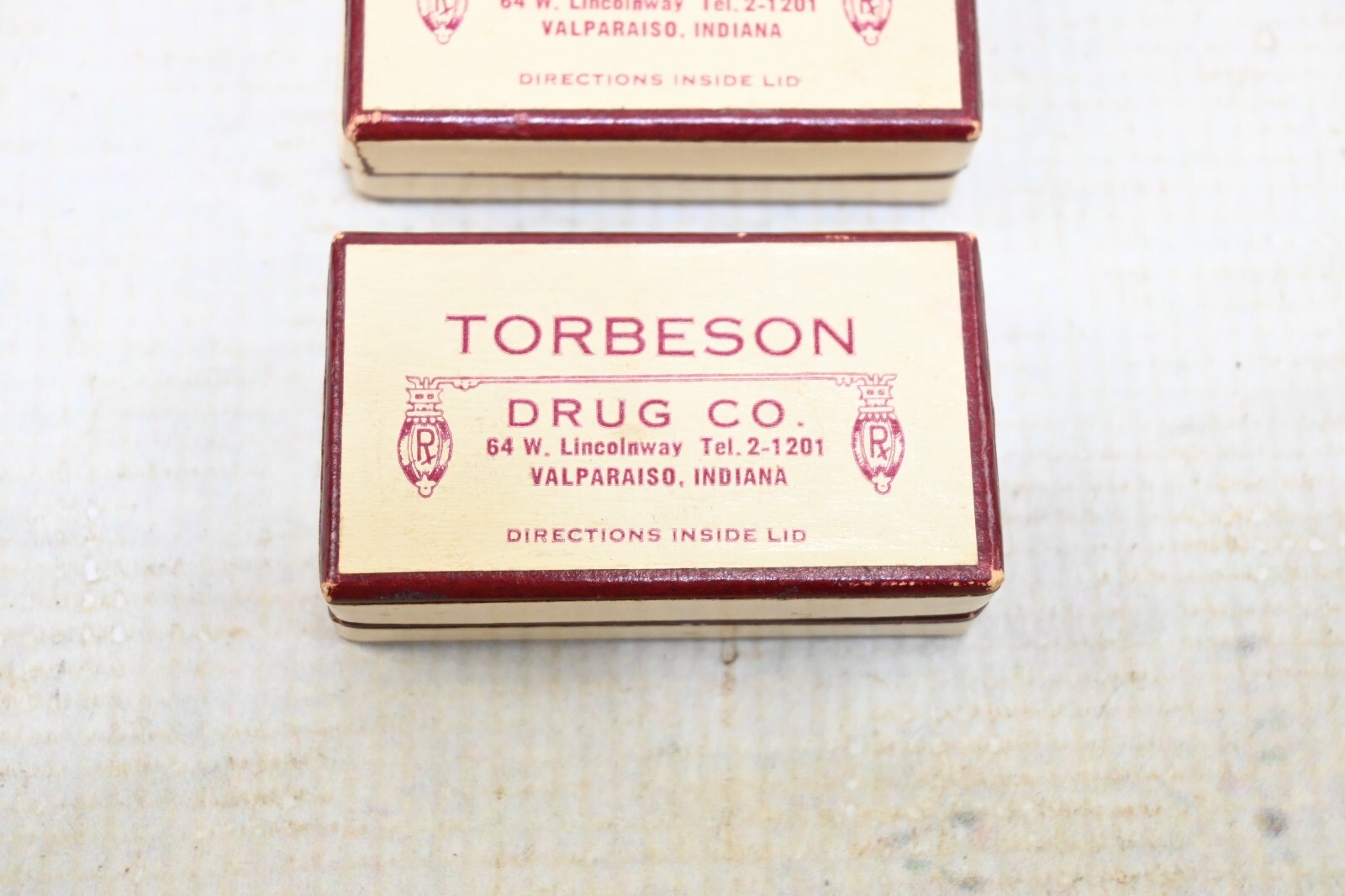 2 Old Rare Torbeson Drug Co. Valparaiso IN Antique Cardboard Prescription Boxes