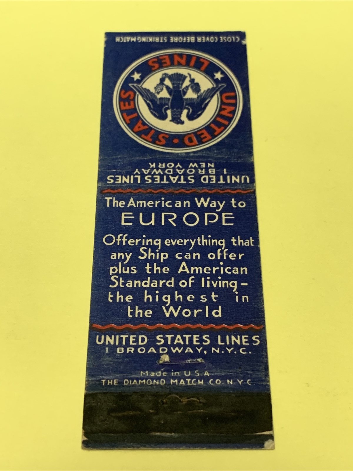 Front Strike Matchbook Cover United States Lines The American Way To Europe gmg