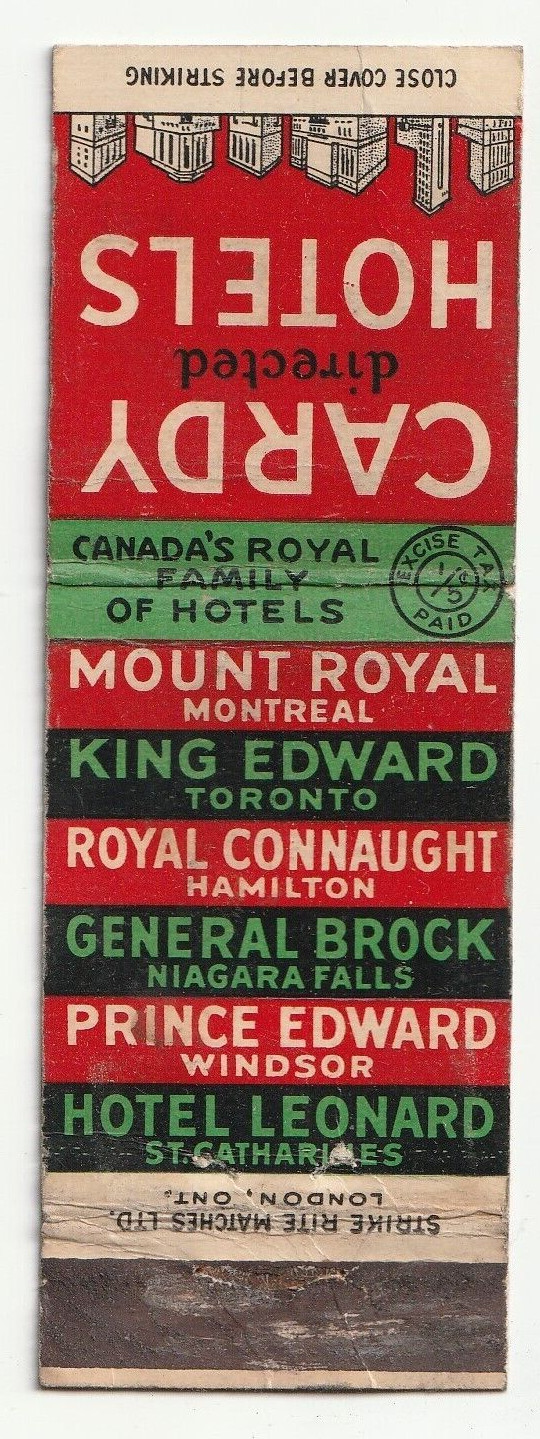 MATCHBOOK COVER – MOUNT ROYAL HOTEL -CARDY HOTELS – MONTREAL CANADA