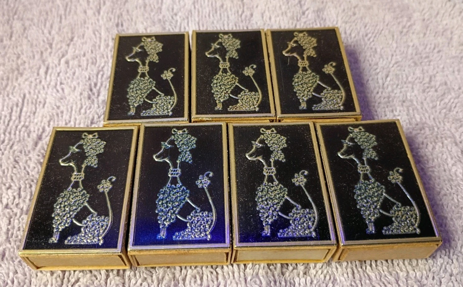 Vintage Set of 7 Decorated Table Matches Monogram of California Black Poodle