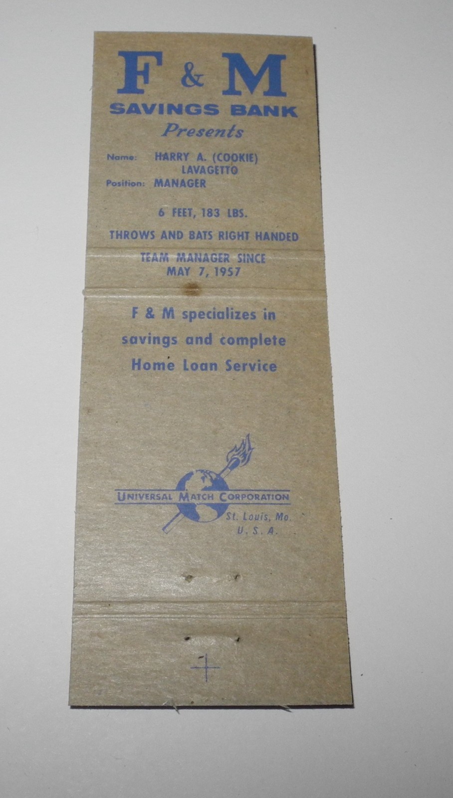 Vintage 1961 Baseball Jim Lemon Minnesota Twins Souvenir Matchbook Match