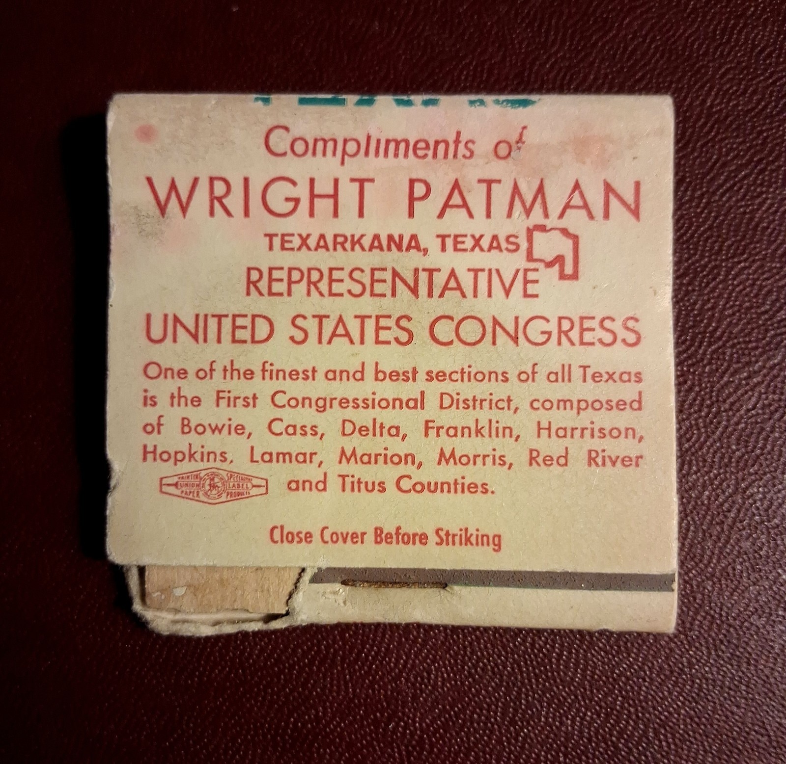 United States Congress ~ Texarkana Texas ~ Salvaged Historic Matchbook.