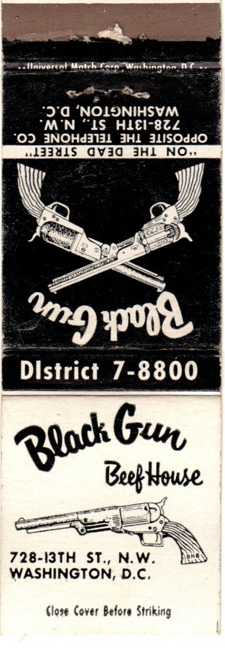 BLACK GUN Beef House Restaurant Washington DC Matchcover Matchbook Vintage