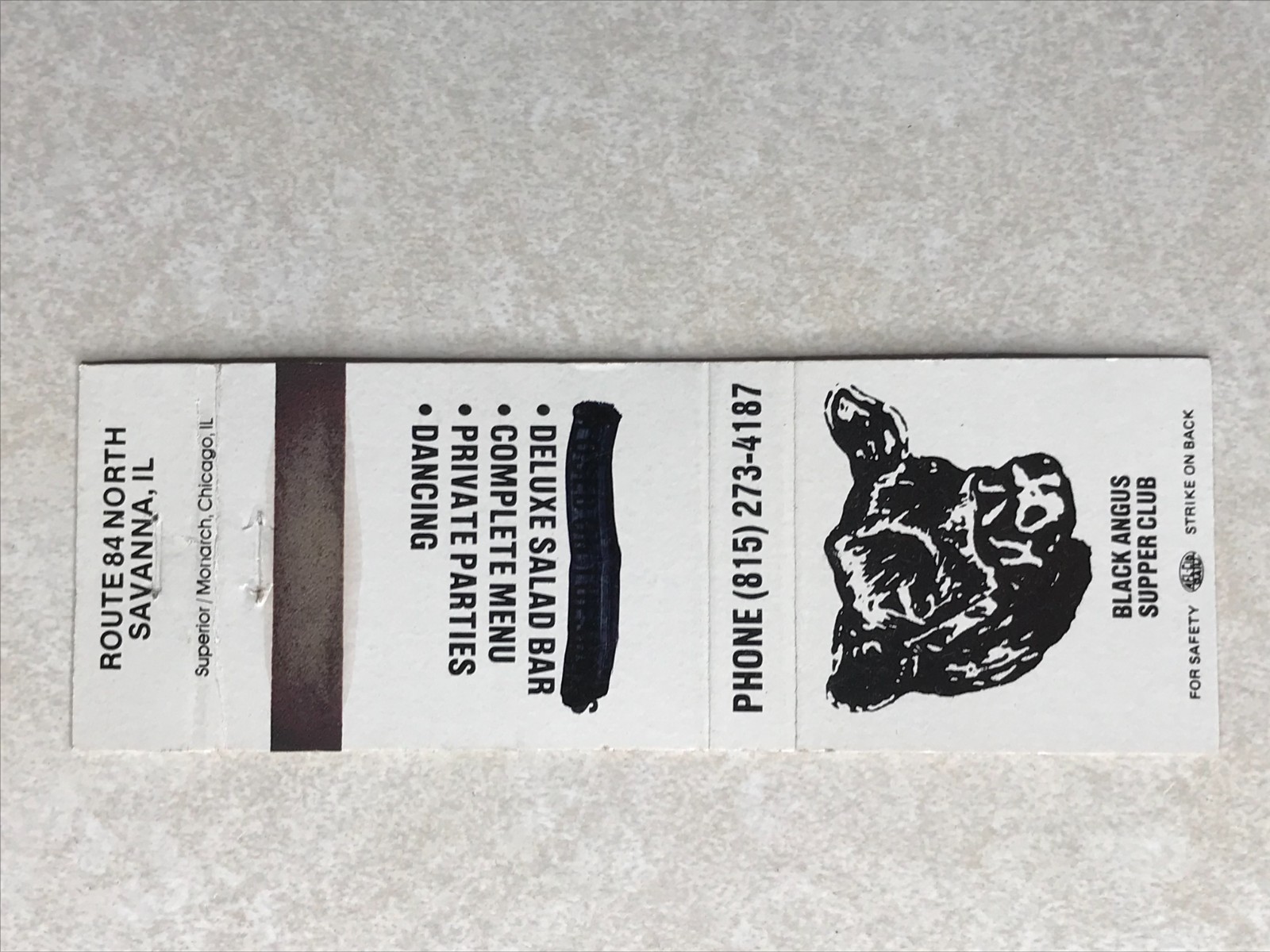 BH49 Matchbook Postcard Black Angus Supper Club Restaurant Savanna Illinois IL
