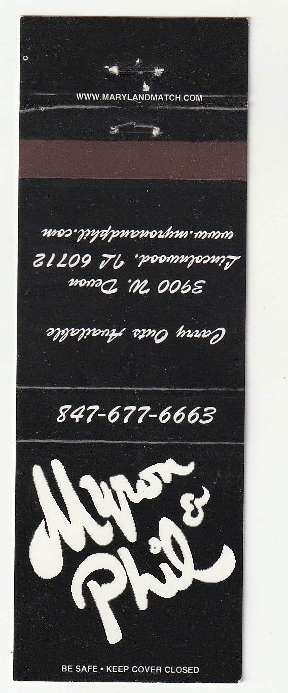 MATCHBOOK COVER – MYRON & PHIL – LINCOLWOOD ILLINOIS – RESTAURANT