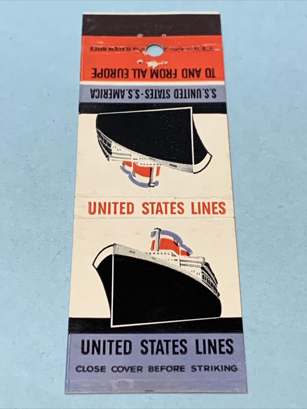 Front Strike Matchbook Cover United States Cruise Lines To And From Europe gmg