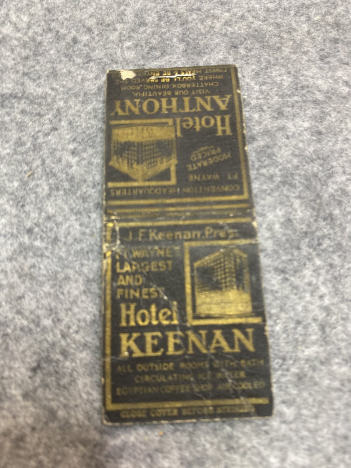 Hotel Keenan Fort Wayne Vintage Black Gold Design Matchbook