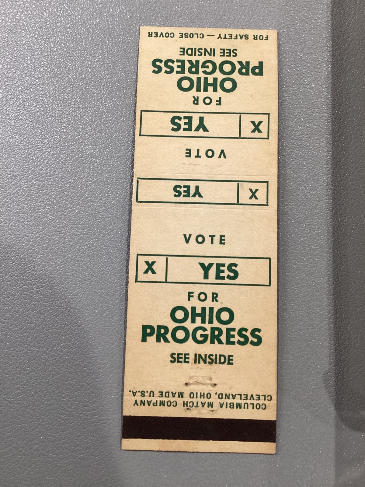 Vote Yes For Ohio Progress Vintage Matchbook Cover