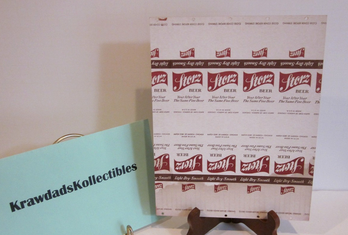 VTG STORZ BEER MATCHBOOK COVERS, CIRCA 1950’S, ON UNCUT CARDBOARD, ~9.5″ x 7.5″