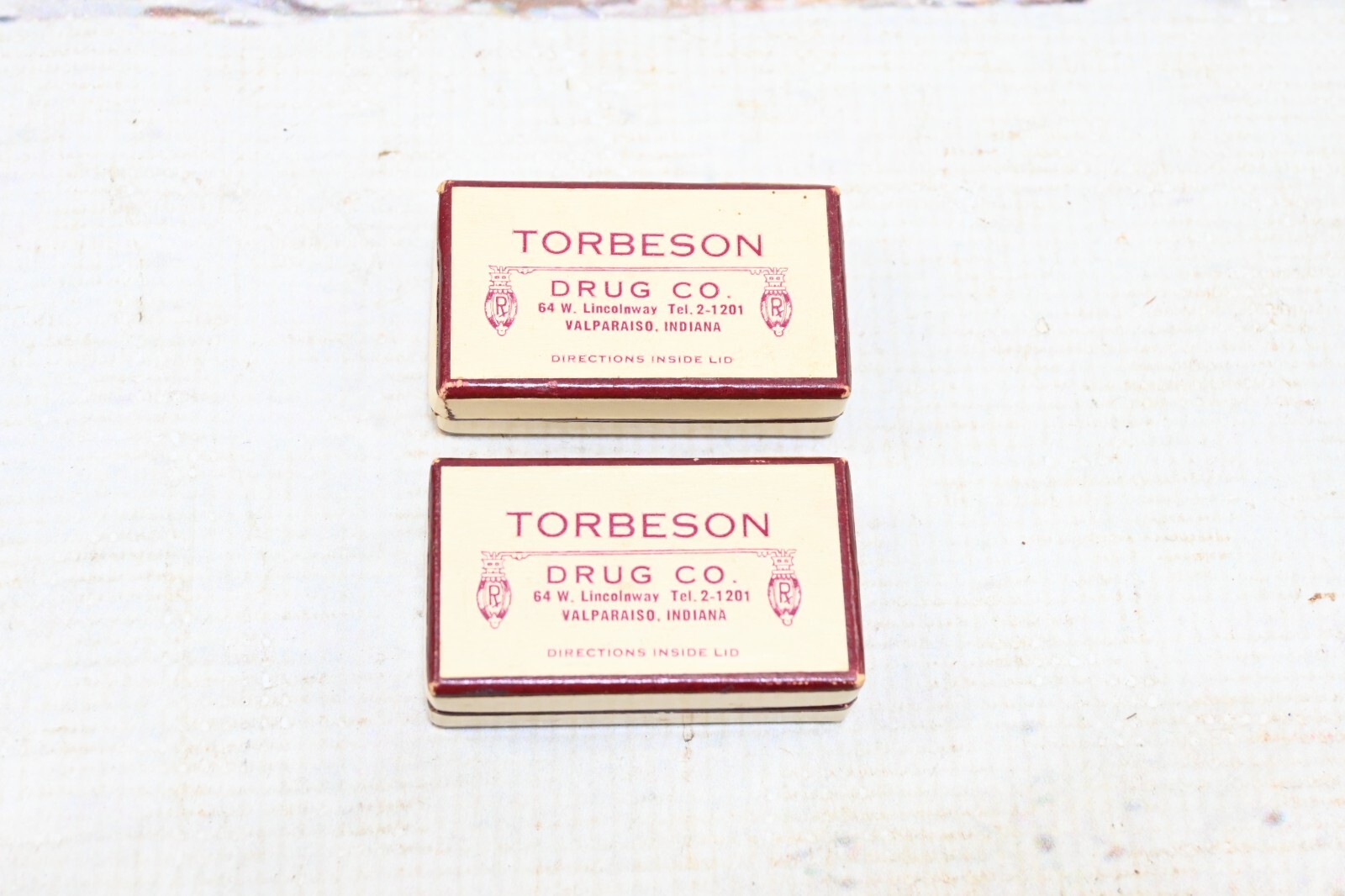 2 Old Rare Torbeson Drug Co. Valparaiso IN Antique Cardboard Prescription Boxes