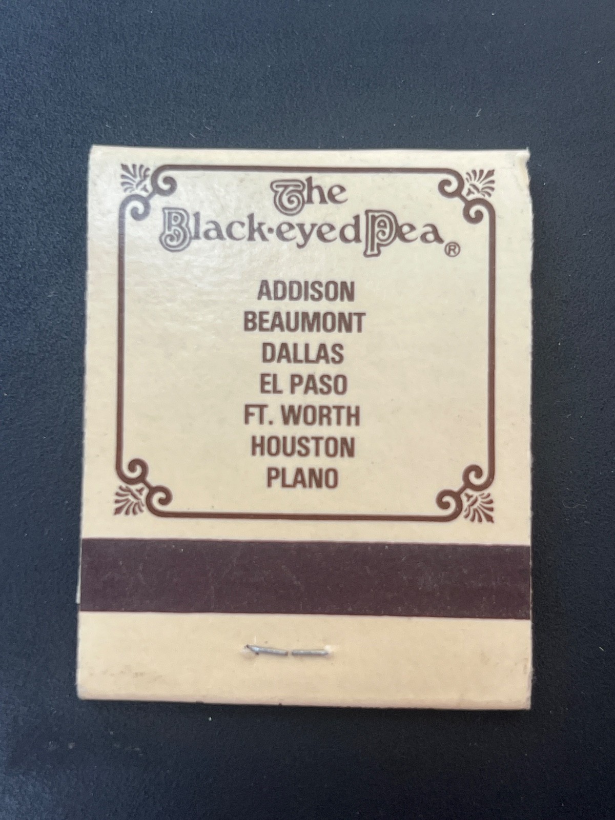 Unstriked Matchbook- Black Eyed Pea Addison Dallas El Paso Fort Worth Houston TX