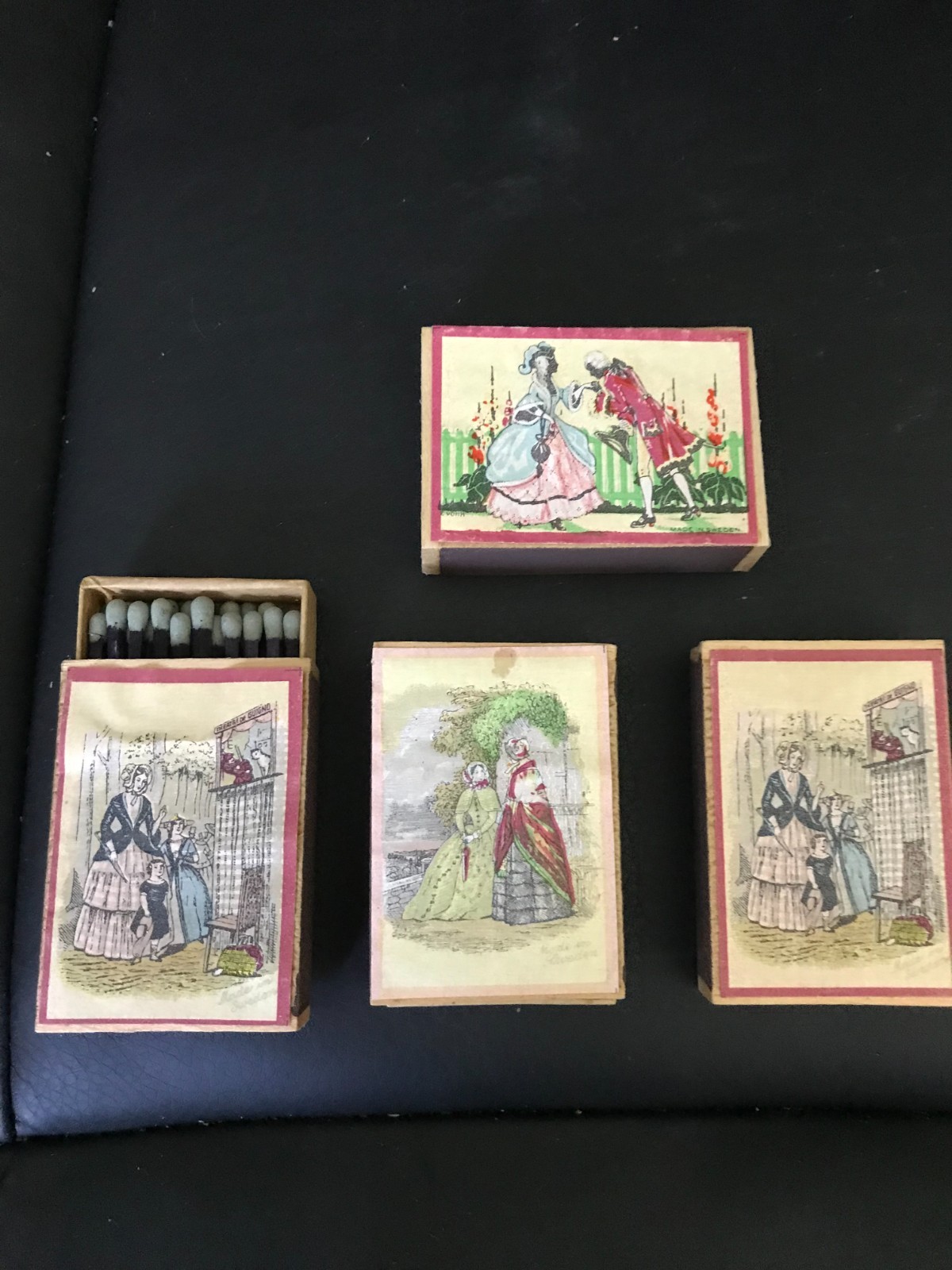 Set of 4 Cardboard Matchboxes with a Pattern of French Fashion Ladies – H aga