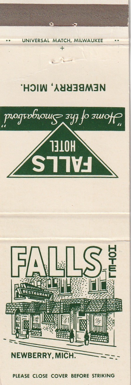 MATCHBOOK COVER – FALLS HOTEL – NEWBERRY MICHIGAN – SMORGASBORD – UNSTRUCK
