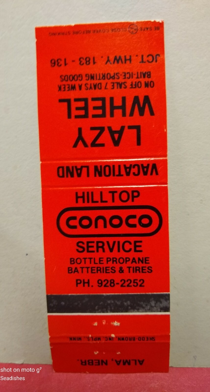 Vintage Lazy Wheel Bait Ice/Vacation Land/Hilltop Conoco Alma NE Matchbook Cover