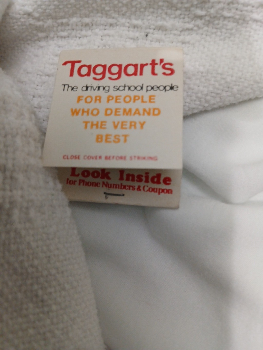 Taggarts Driving Schools, Inside Coupon Phone # Matchbook Unstruck VTG Mint