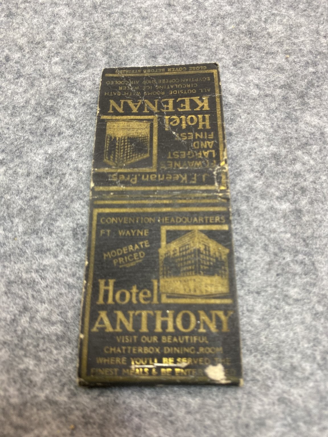 Hotel Keenan Fort Wayne Vintage Black Gold Design Matchbook