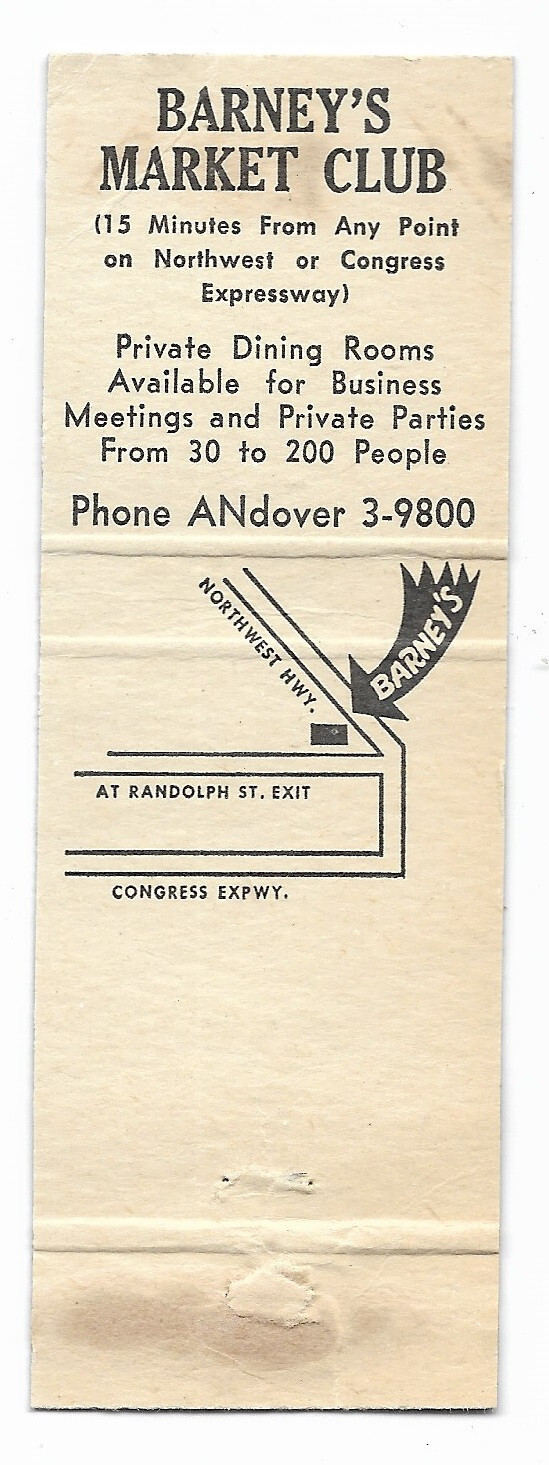 Vintage Matchbook ~ BARNEY’S MARKET CLUB ~ Chicago, Illinois ~ Yes Sir! Senators