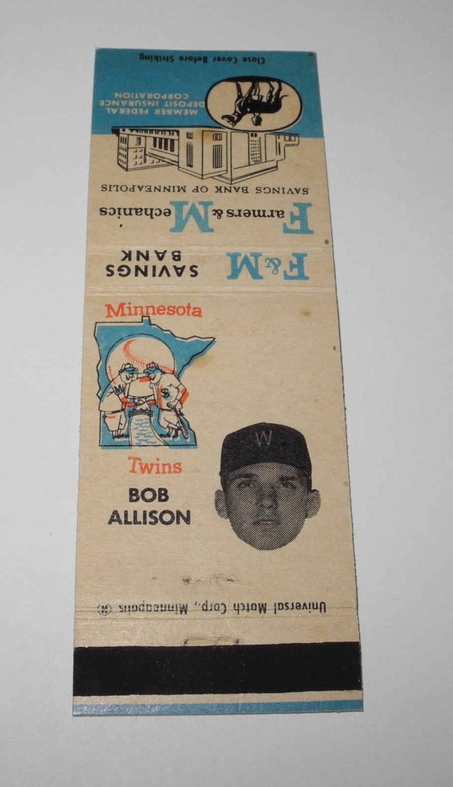 Vintage 1961 Baseball Bob Allison Minnesota Twins Souvenir Matchbook Match
