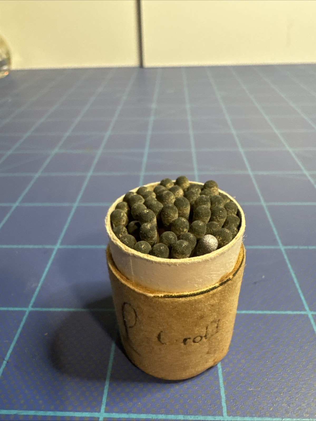 Vintage wood matches in small cardboard canister, Full