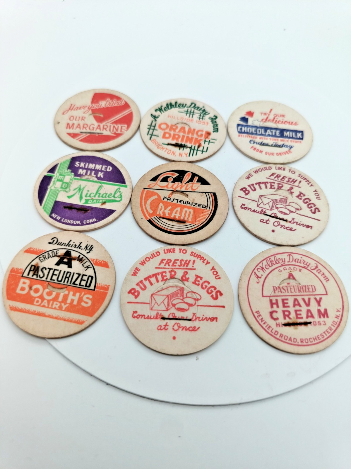 9 VINTAGE CARDBOARD MILK TOPS **VERY GOOD CONDITION**