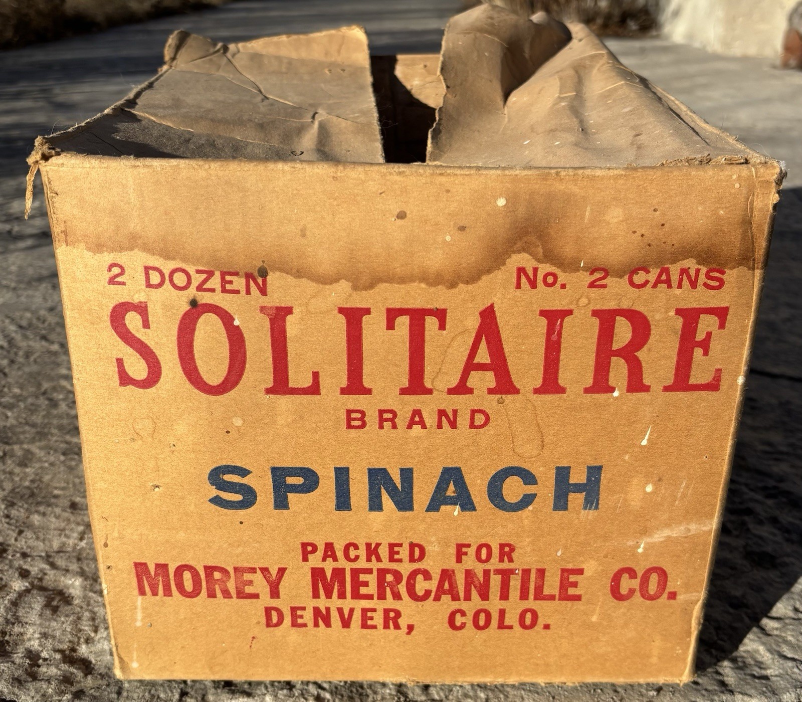 Vintage Solitaire Cardboard Box for Canned Spinach Morey Mercantile Denver CO