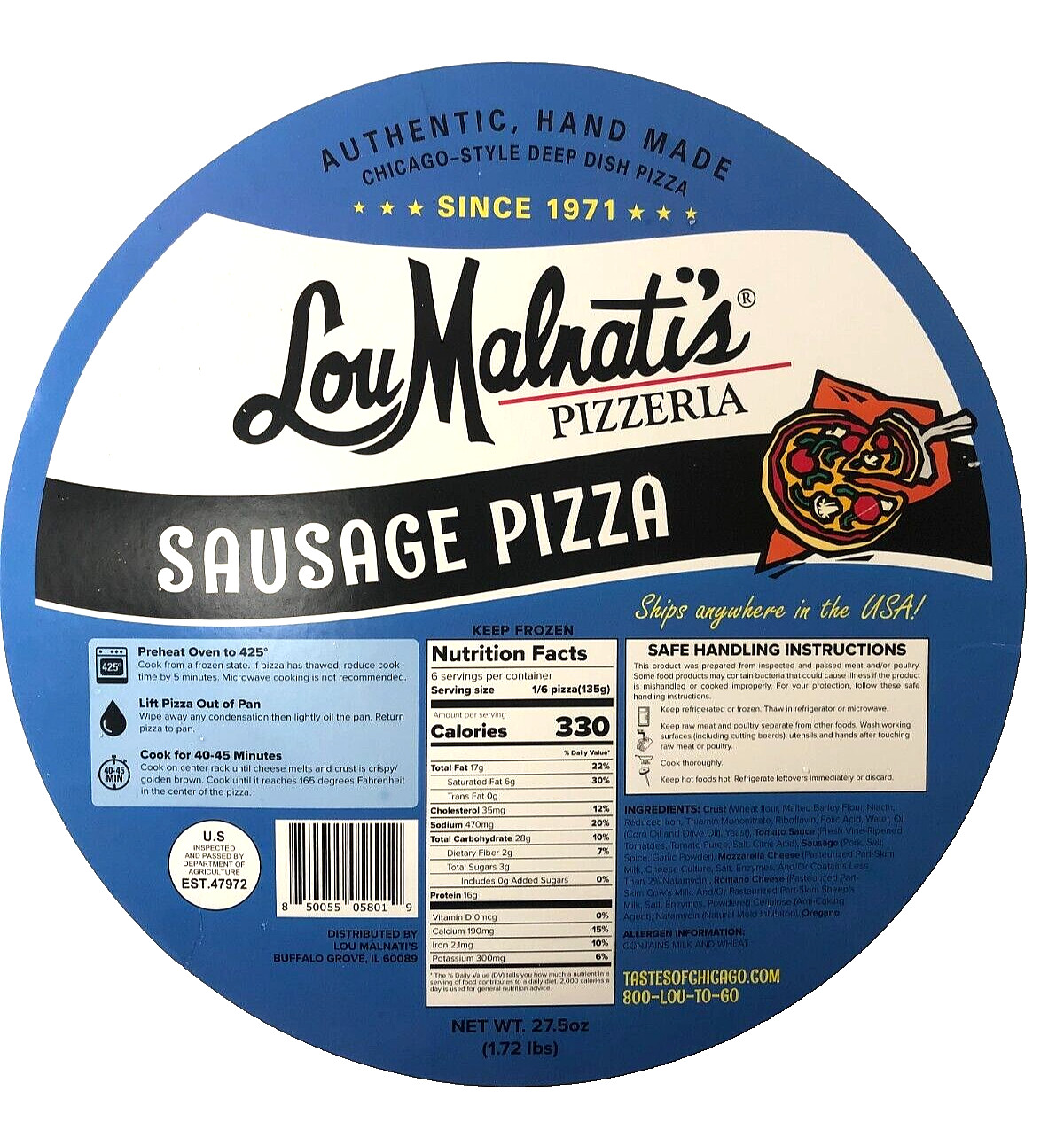 Lou Malnati’s Pizzeria LOGO Chicago’s Best Pizza, 10″ Dia. cardboard pizza cover