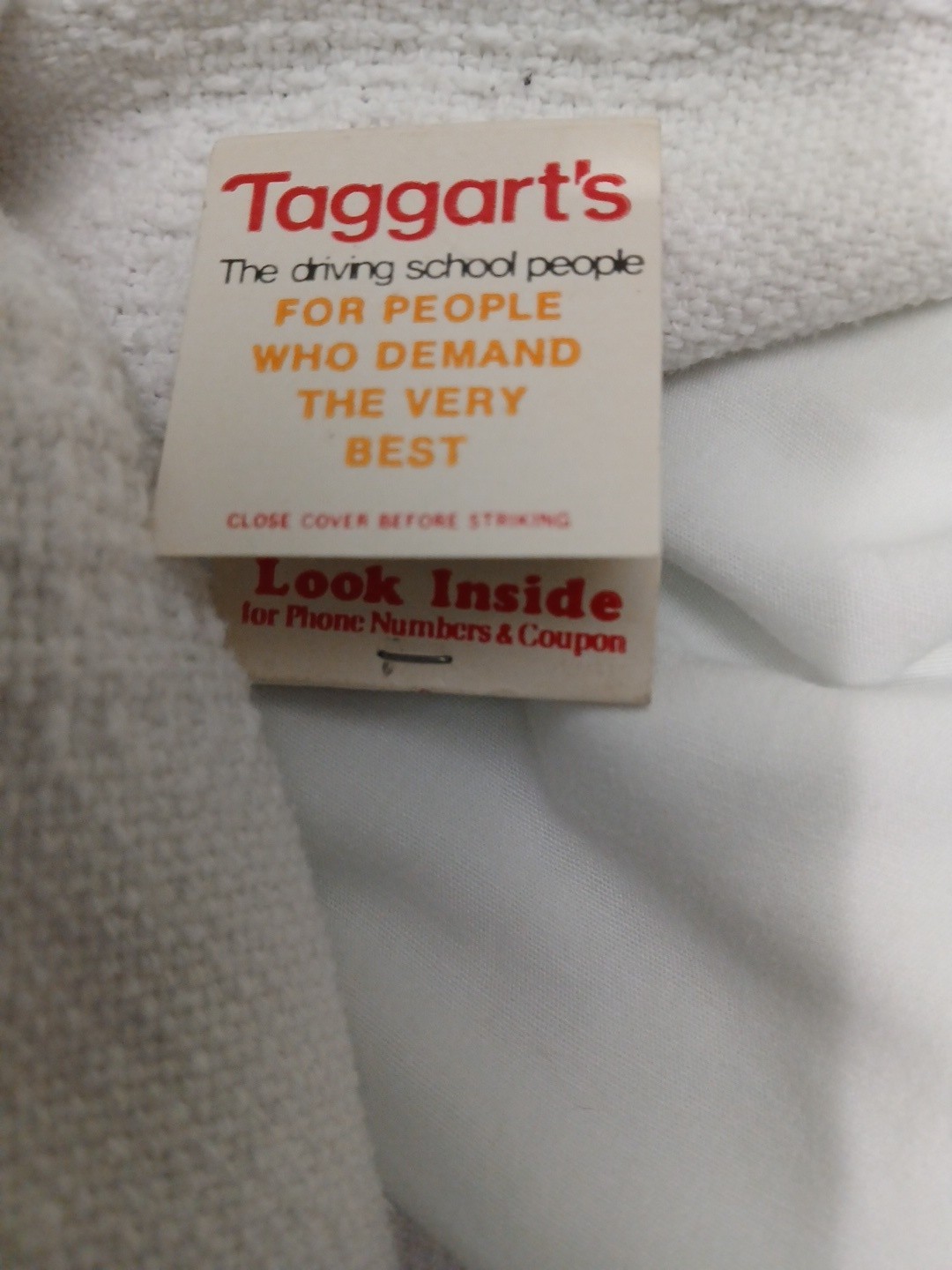 Taggarts Driving Schools, Inside Coupon Phone # Matchbook Unstruck VTG Mint