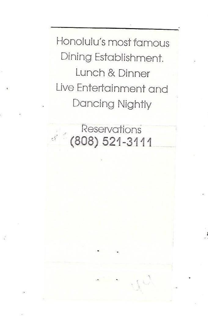 the Black Orchid Restaurant – Honolulu, HI Matchcover Tom Selleck, Partner